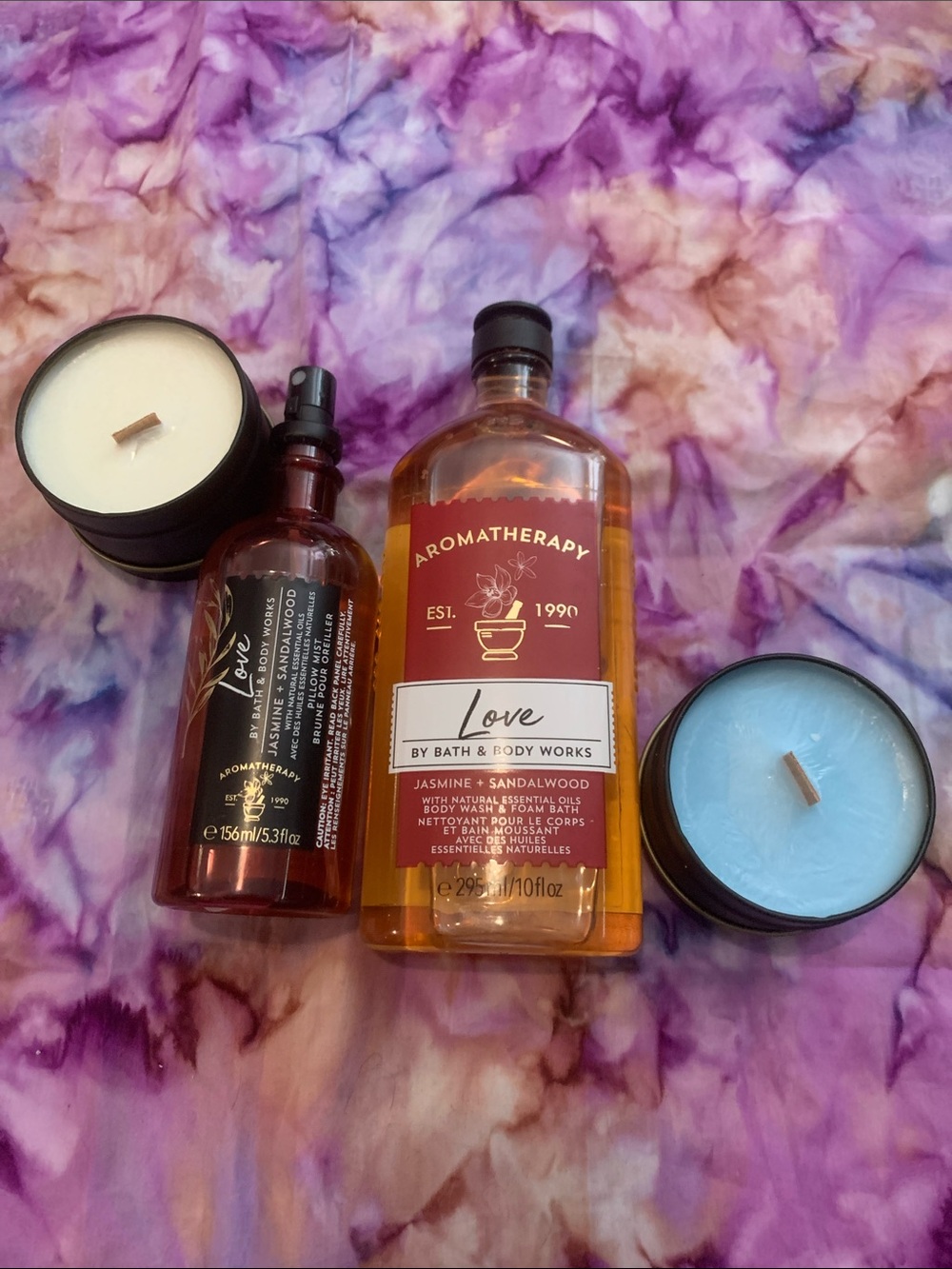 Bath & Body Works Aromatherapy Love Jasmine + Sandalwood Body Wash & Candles set